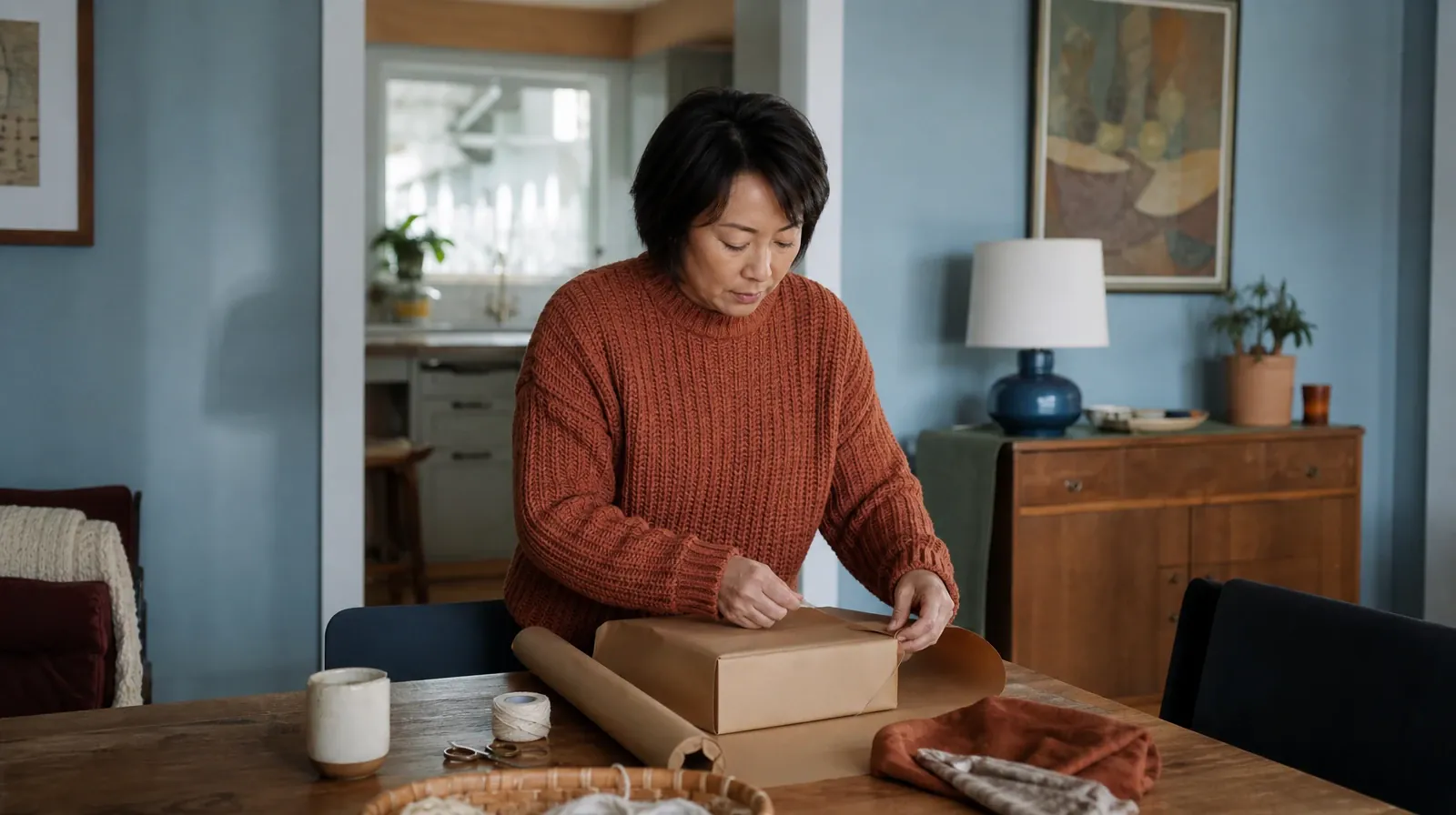 An adult wraps a small box in plain brown paper · Reviewing a Polysubstance Care Recommendation