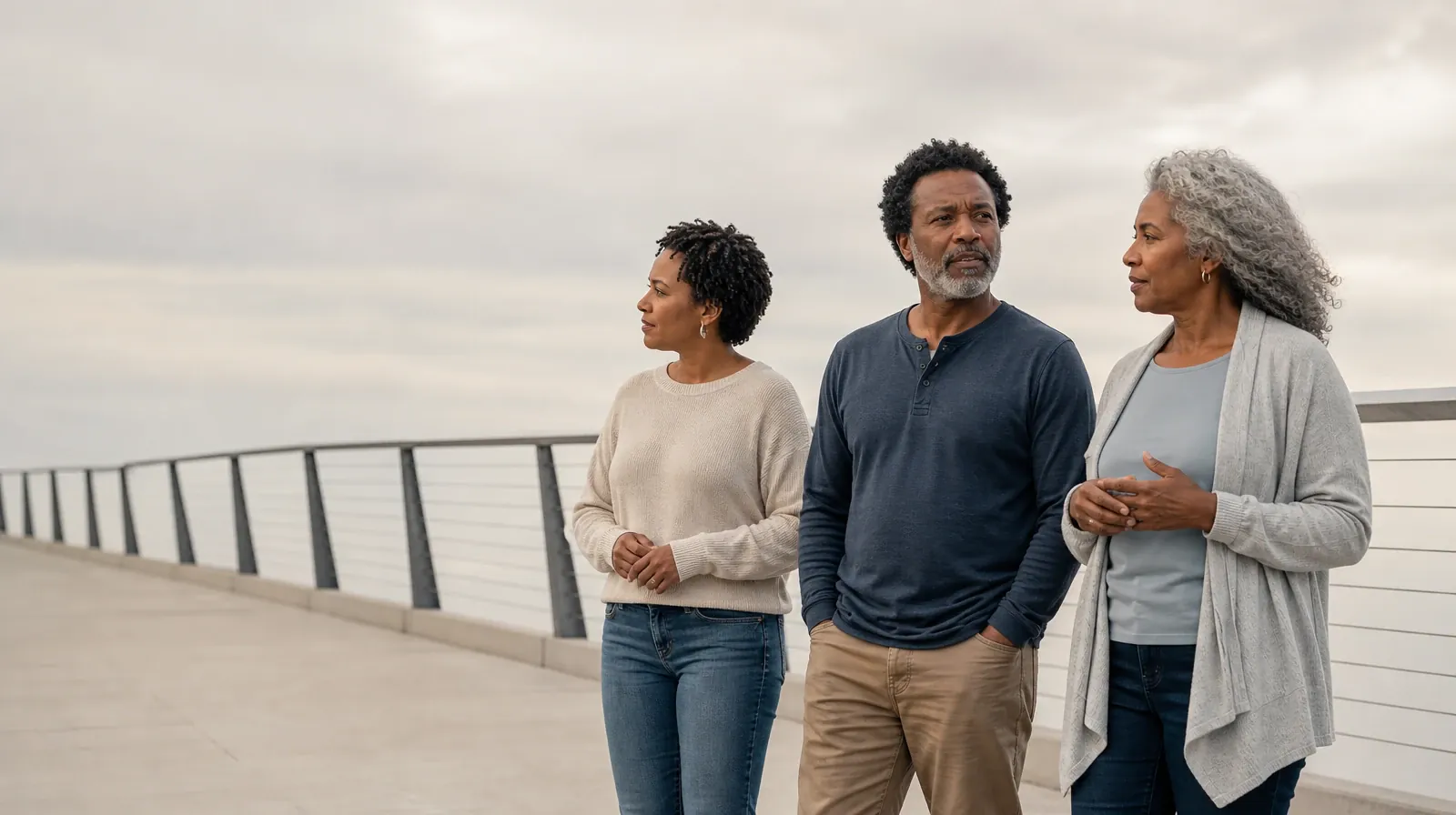 Three adults pause near an anonymous pedestrian bridge · Telling Someone You Trust About Polysubstance Use