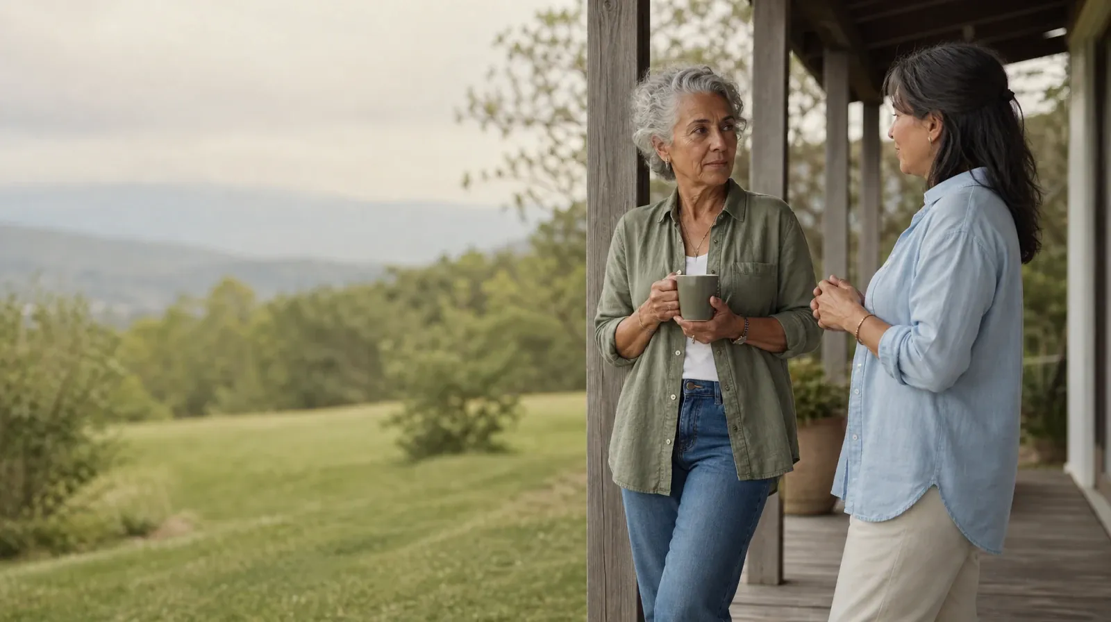 Two adults share a calm porch conversation · Changing Social Routines Around Prescription drugs Use
