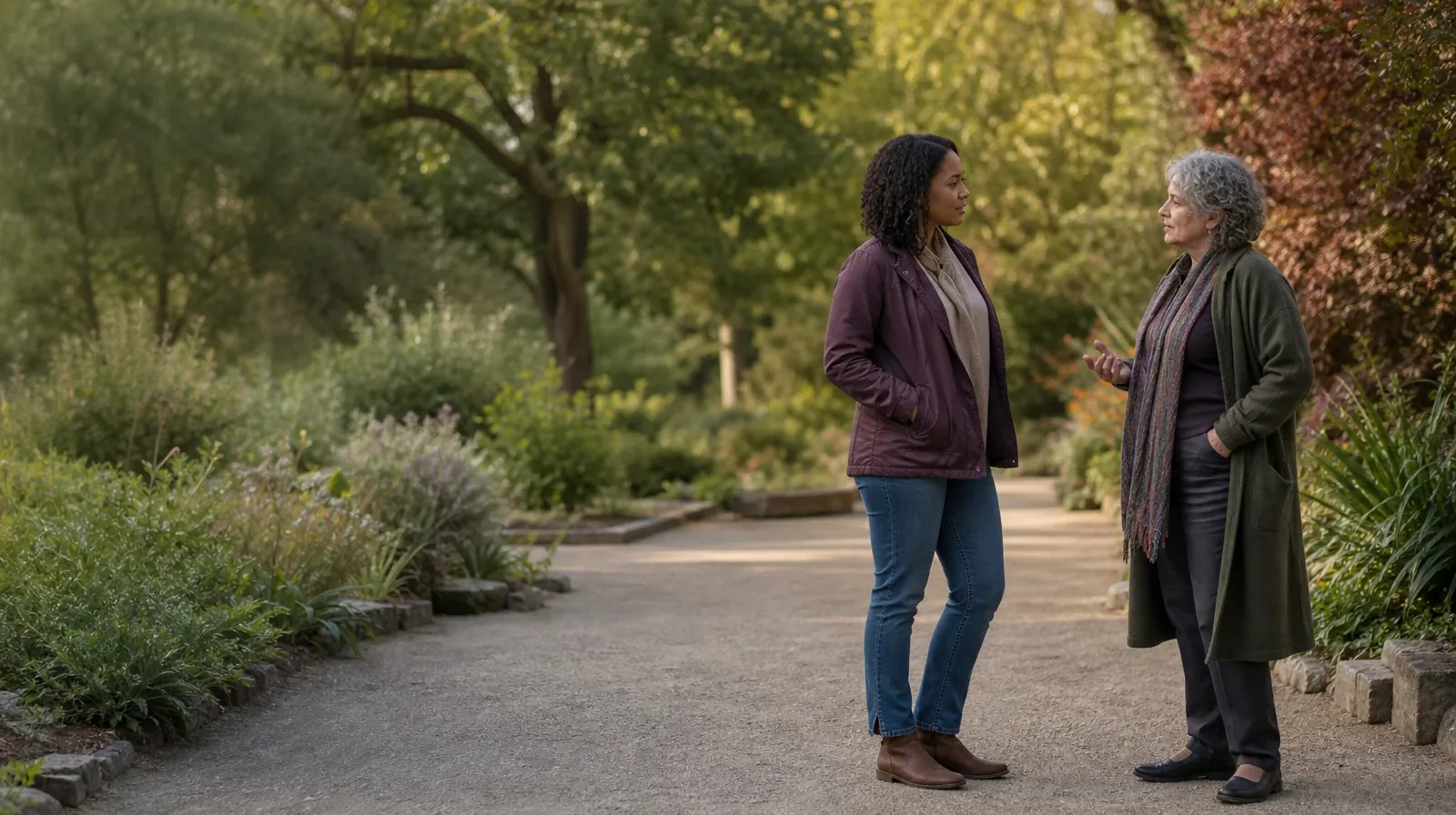 Keeping Appointments During Recovery From Prescription drugs Use | Two adults pause to talk on a broad garden path Two adults pause to talk on a broad garden path · Keeping Appointments During Recovery From Prescription drugs Use