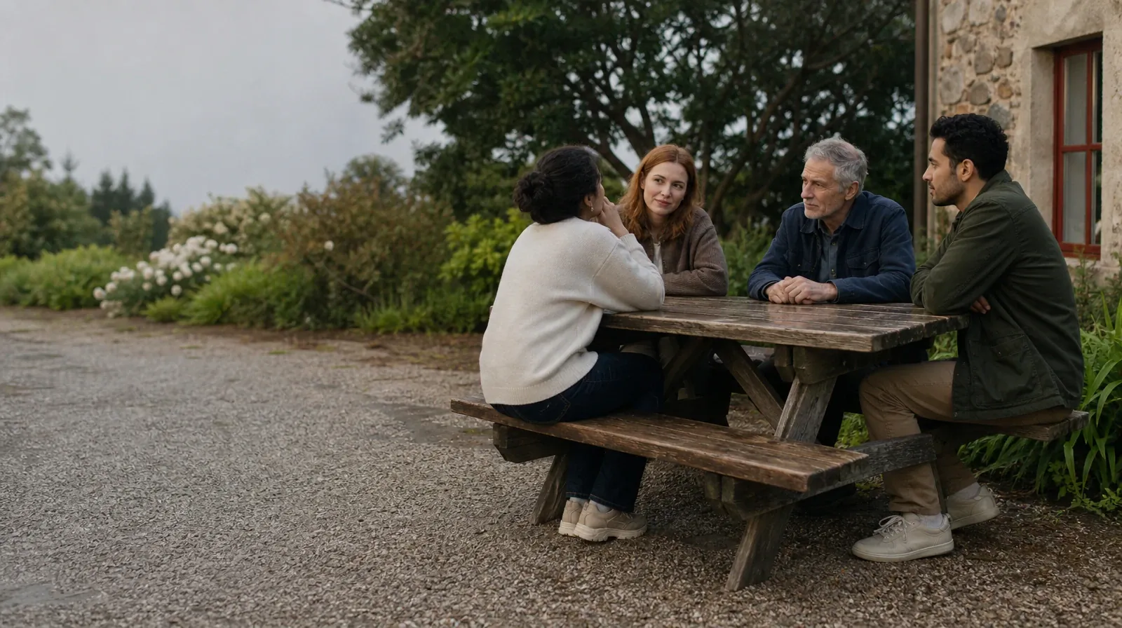 Four adults share an informal outdoor conversation · Unclear Goals for Change With Prescription drugs Use