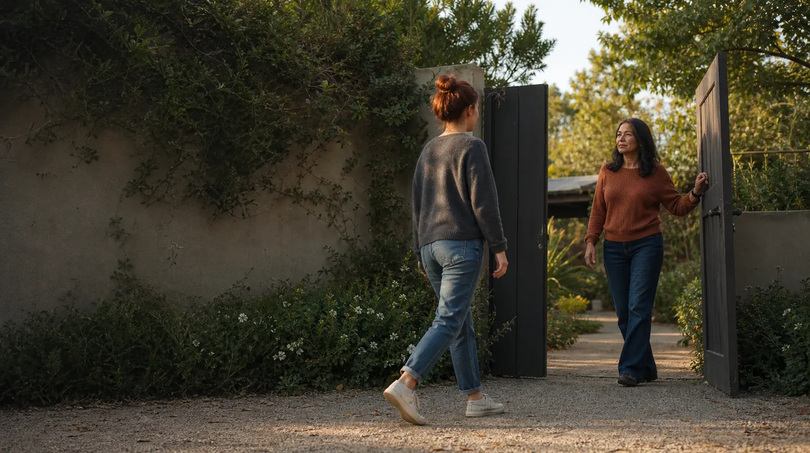 One adult holds a garden gate for another · Changing Social Routines Around Prescription opioids Use