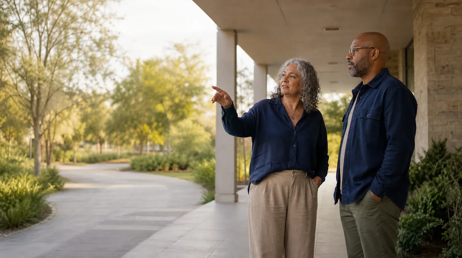Two adults talk beneath a covered walkway · Telling Someone You Trust About Prescription opioids Use