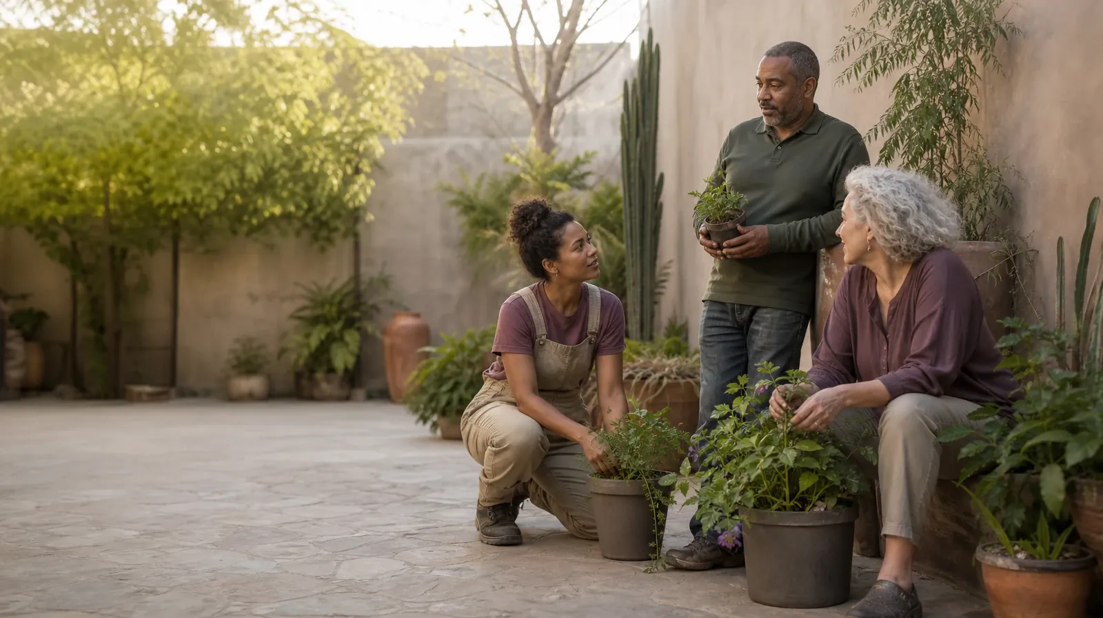 Three adults pause while tending plants in a courtyard · Unclear Goals for Change With Prescription opioids Use