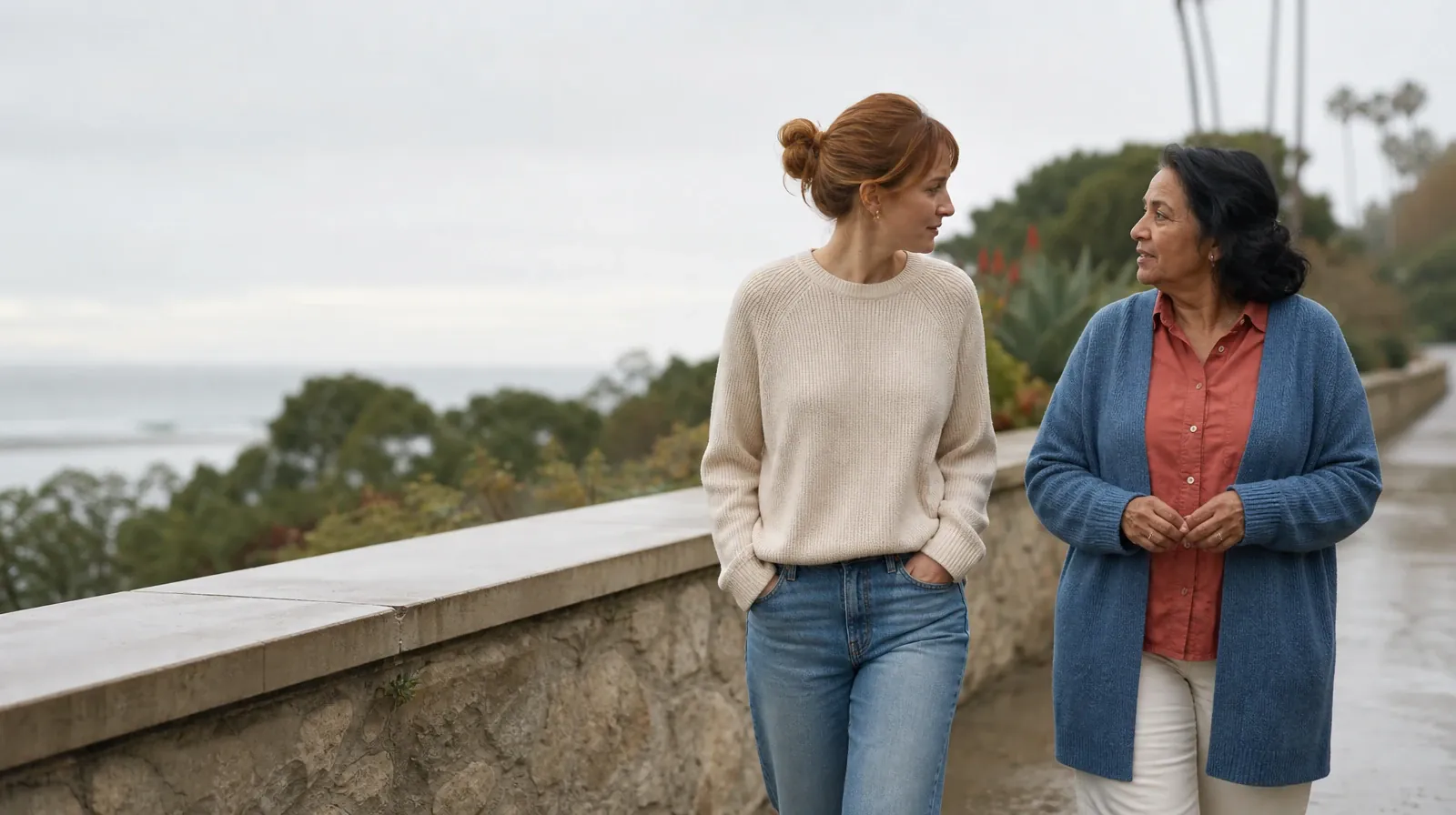 Two adults walk and talk beside a garden wall · Changing Social Routines Around Prescription sedatives Use