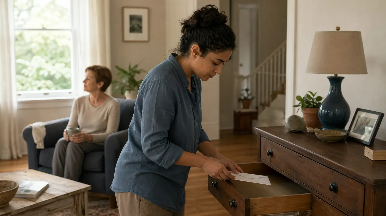 An adult places a plain sealed envelope in a drawer · Family Talks After Treatment for Prescription sedatives Use