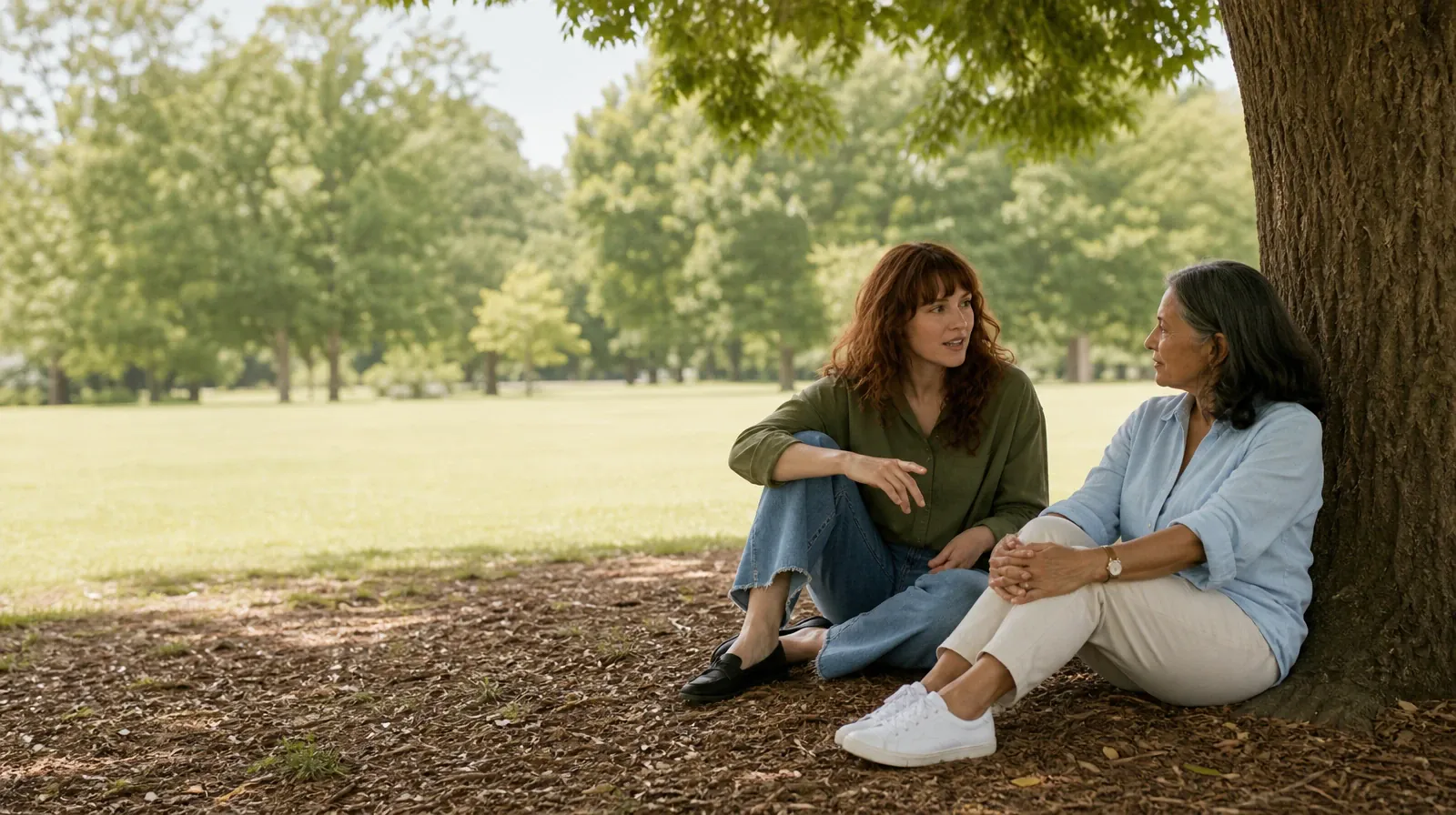 Reviewing a Care Recommendation for Prescription sedatives Use | Two adults talk beneath a tree at a public green Two adults talk beneath a tree at a public green · Reviewing a Care Recommendation for Prescription sedatives Use