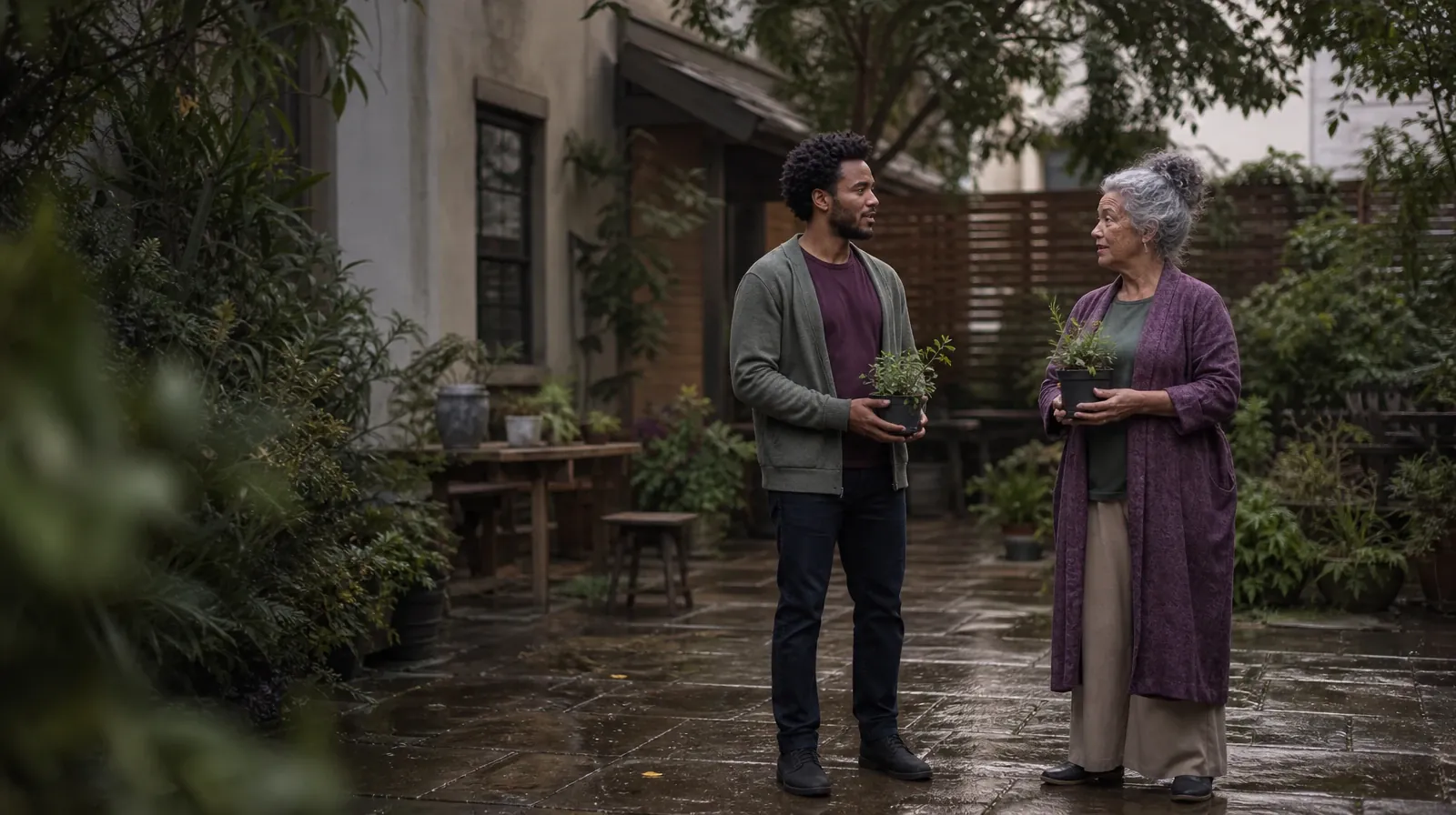 Two adults pause with small plants in a courtyard · Reconnecting With Support After Prescription stimulants Use
