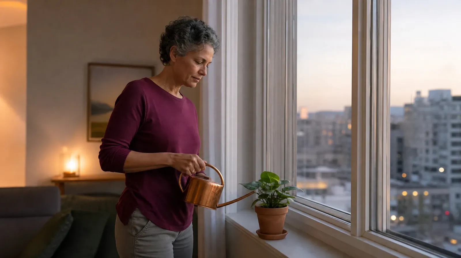 An adult waters a small houseplant by a window · Telling Someone You Trust About Restoril Use in South Florida