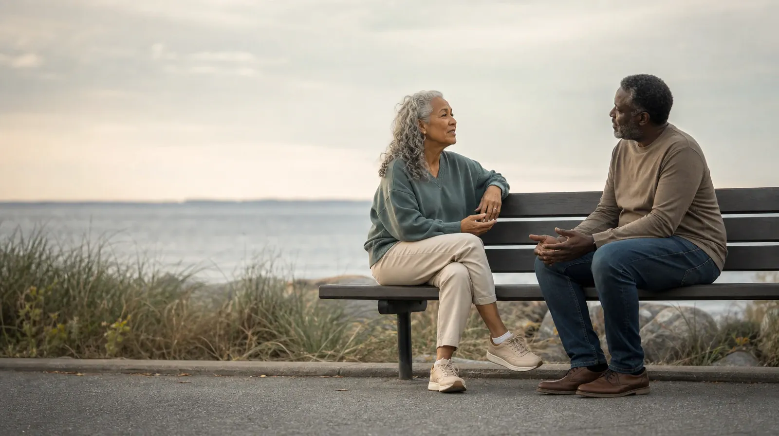 Two adults sit on an outdoor bench and talk · Asking for Practical Help With Ritalin Use in South Florida