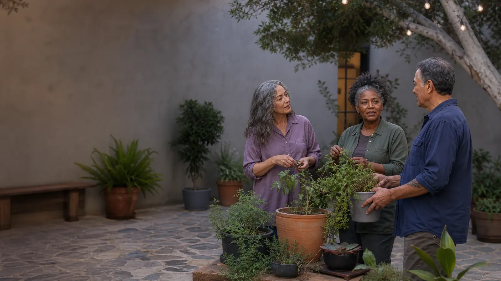 Three adults pause while tending plants in a courtyard · Telling Someone You Trust About Ritalin Use in South Florida