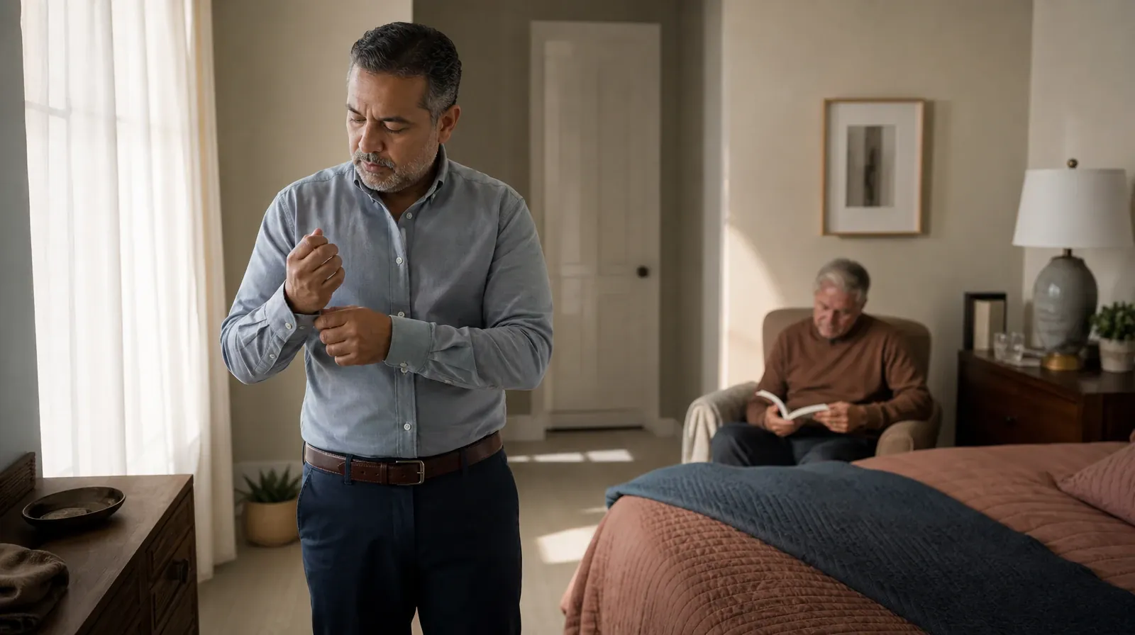 An adult buttons a shirt cuff near a window · Weekends and Recovery From Ritalin Use in South Florida