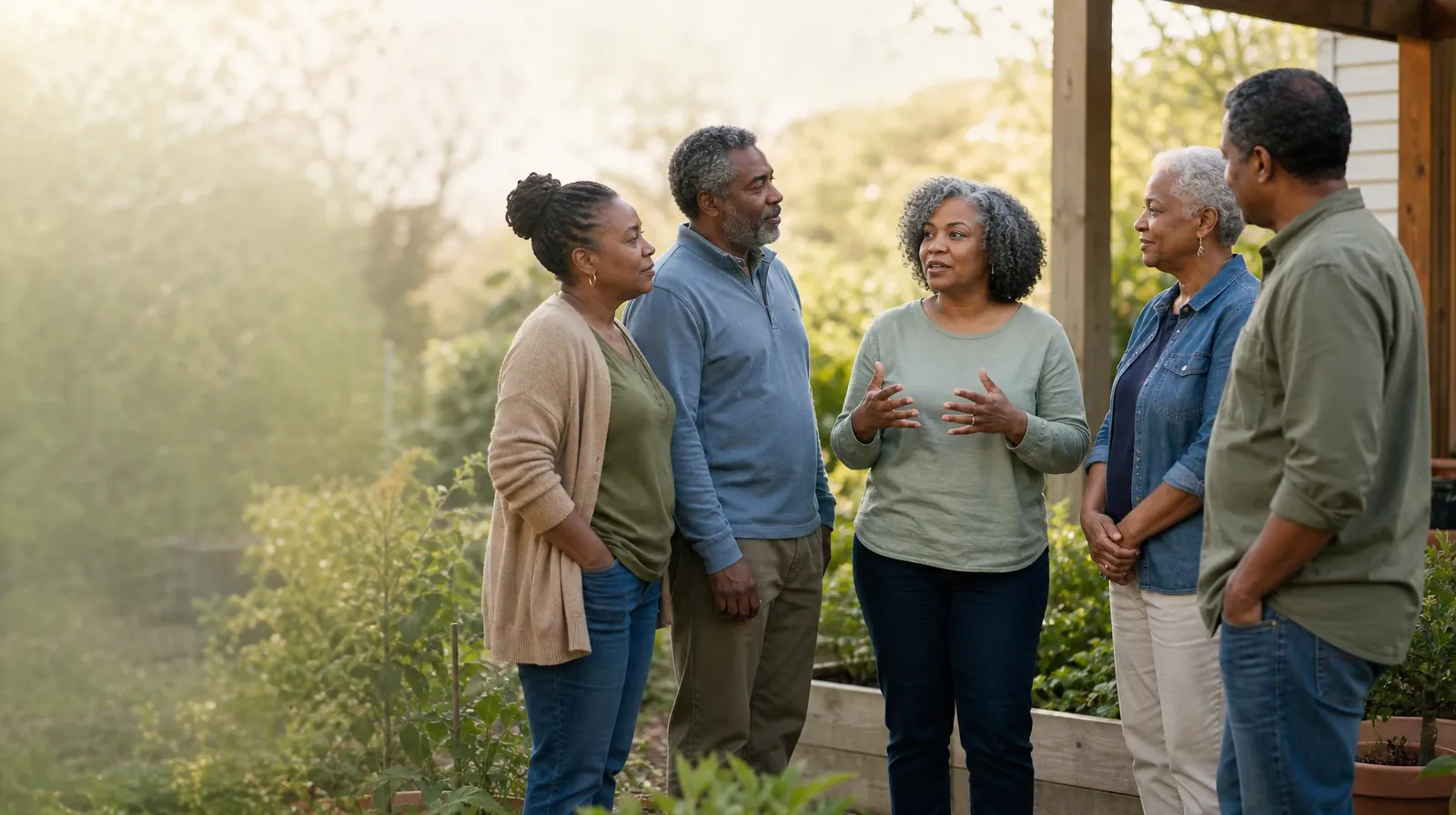 Family Talks After Treatment for Synthetic cannabinoids Use | Five adults listen during an informal garden conversation Five adults listen during an informal garden conversation · Family Talks After Treatment for Synthetic cannabinoids Use
