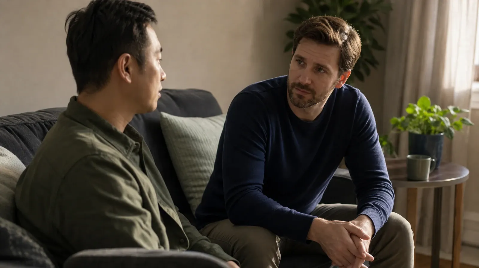 Adults sharing an ordinary supportive moment · Family Conversations After Treatment for Tramadol Use