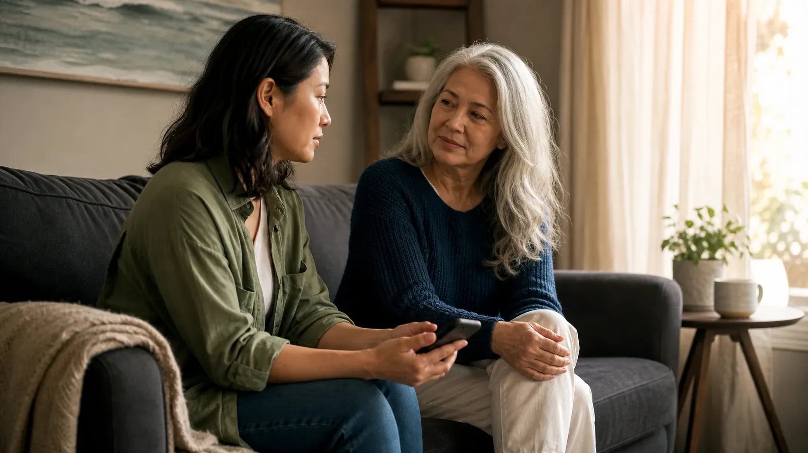 Adults sharing an ordinary supportive moment · Family Conversations After Treatment for Valium Use