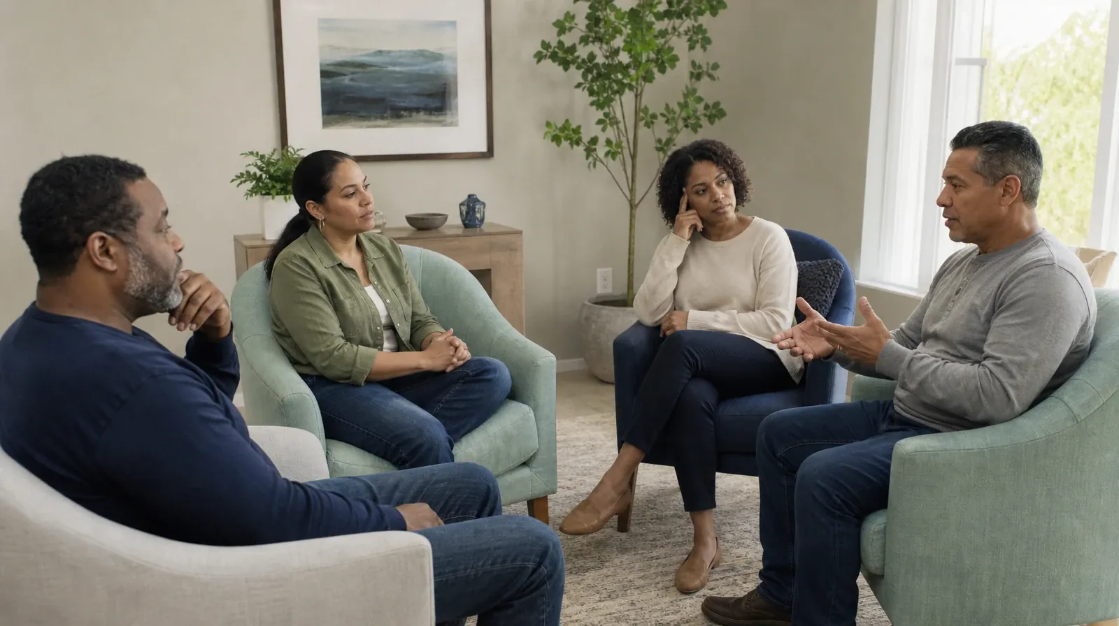 Adults listening to one another in an ordinary setting · Preparing for a Medical Visit About Vyvanse Use in South Florida