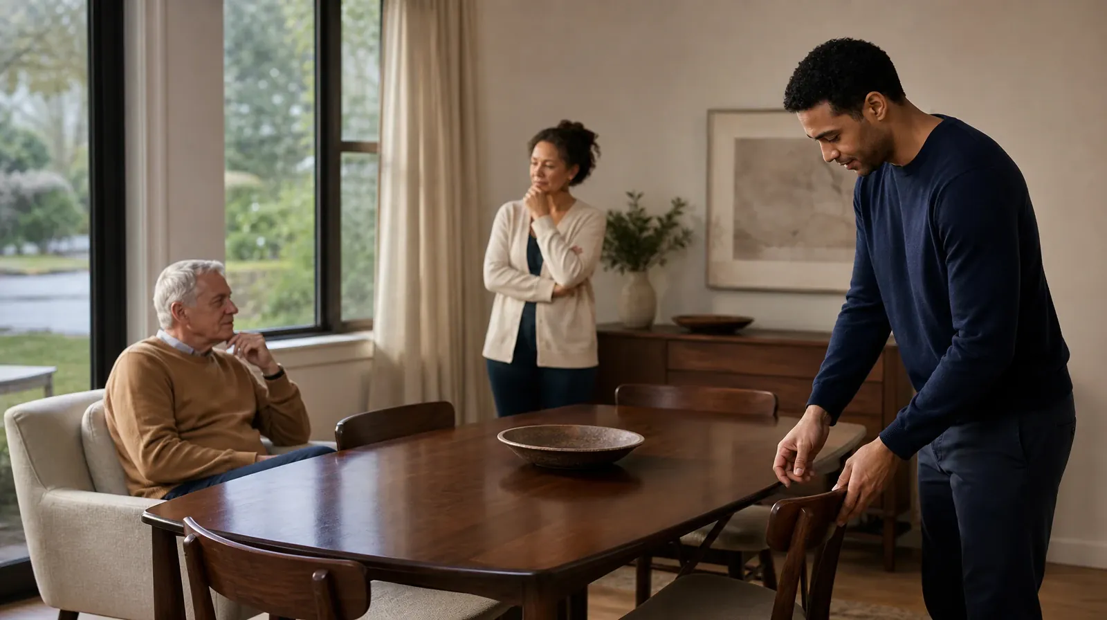 An adult straightens a chair at a cleared table · Building Support Around Recovery From Adderall Use