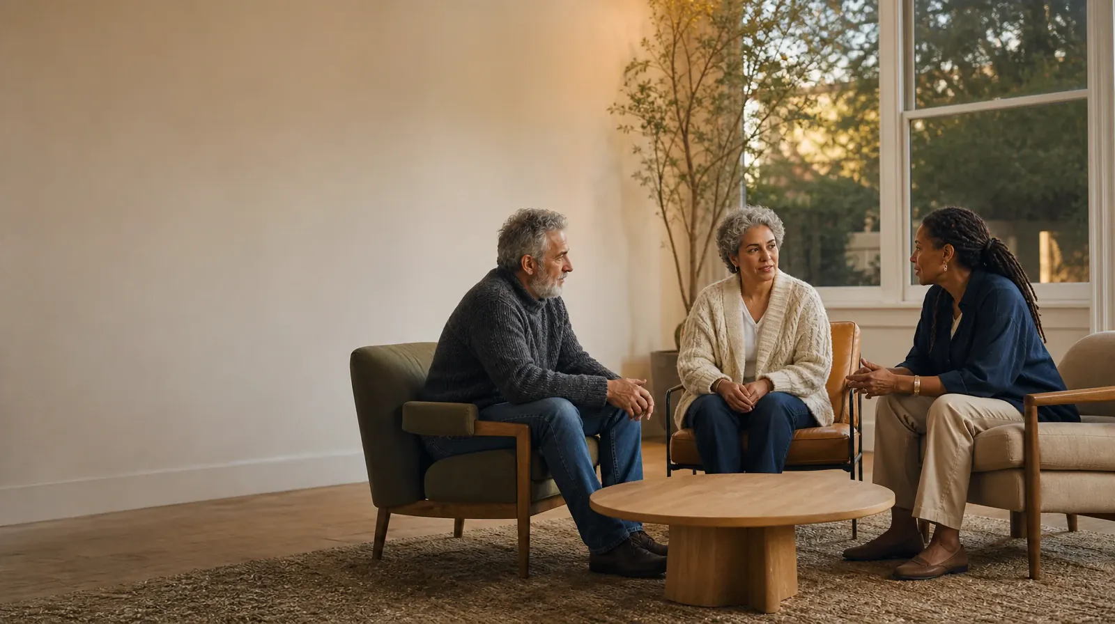 Treatment Cost Questions About Adderall Use in South Florida | Three adults talk in mismatched chairs around an empty table Three adults talk in mismatched chairs around an empty table · Treatment Cost Questions About Adderall Use in South Florida