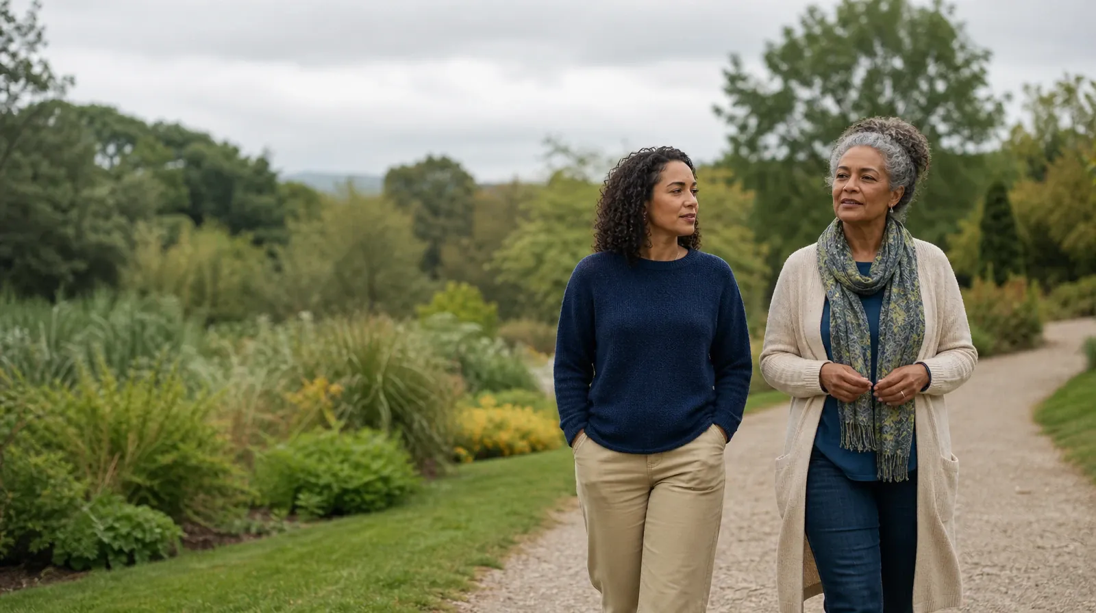 Two adults walk and talk on a quiet garden path · Work and Treatment Planning for Adderall Use in South Florida