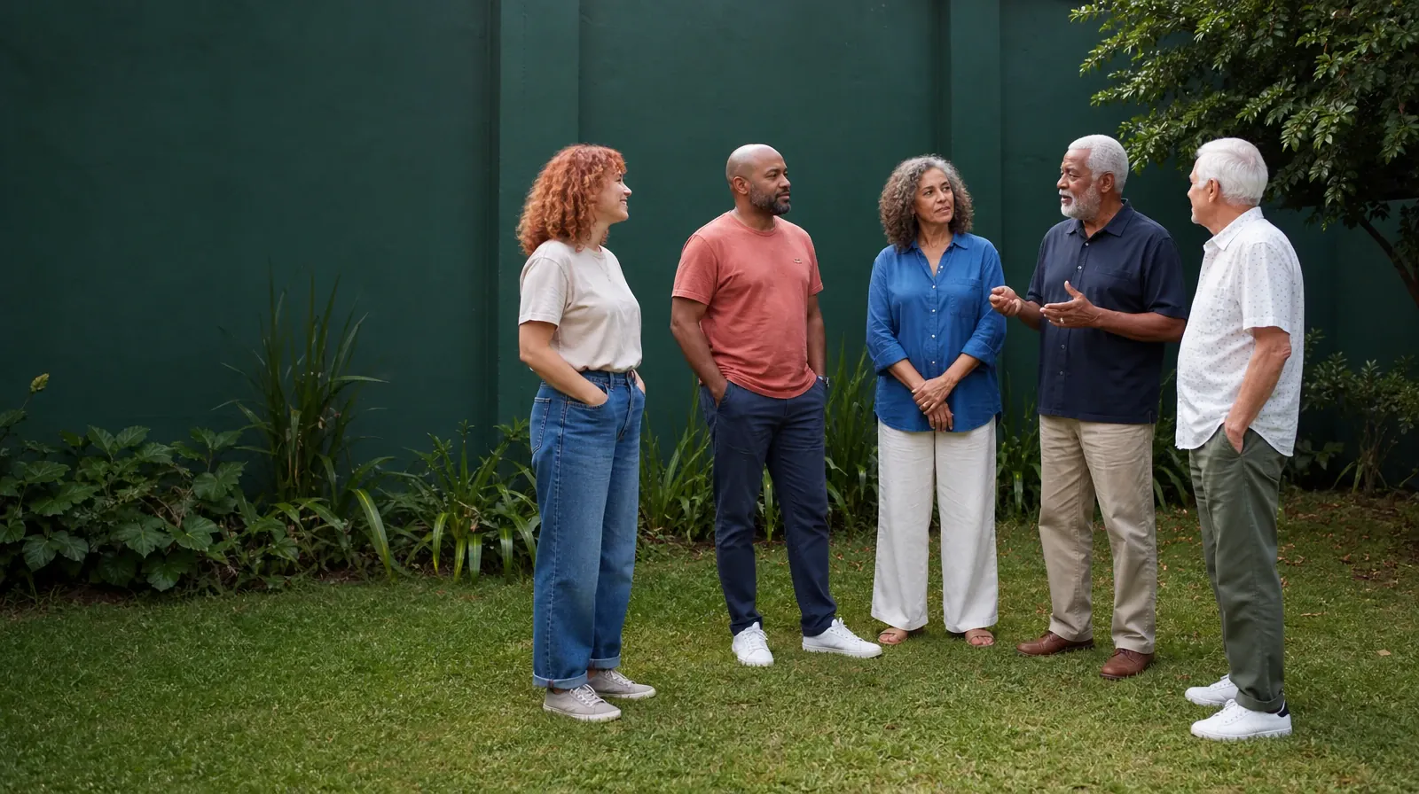 Building Support Around Recovery From Alcohol Use | Five adults stand at staggered positions beside a garden, listening to… Five adults stand at staggered positions beside a garden, listening to… · Building Support Around Recovery From Alcohol Use