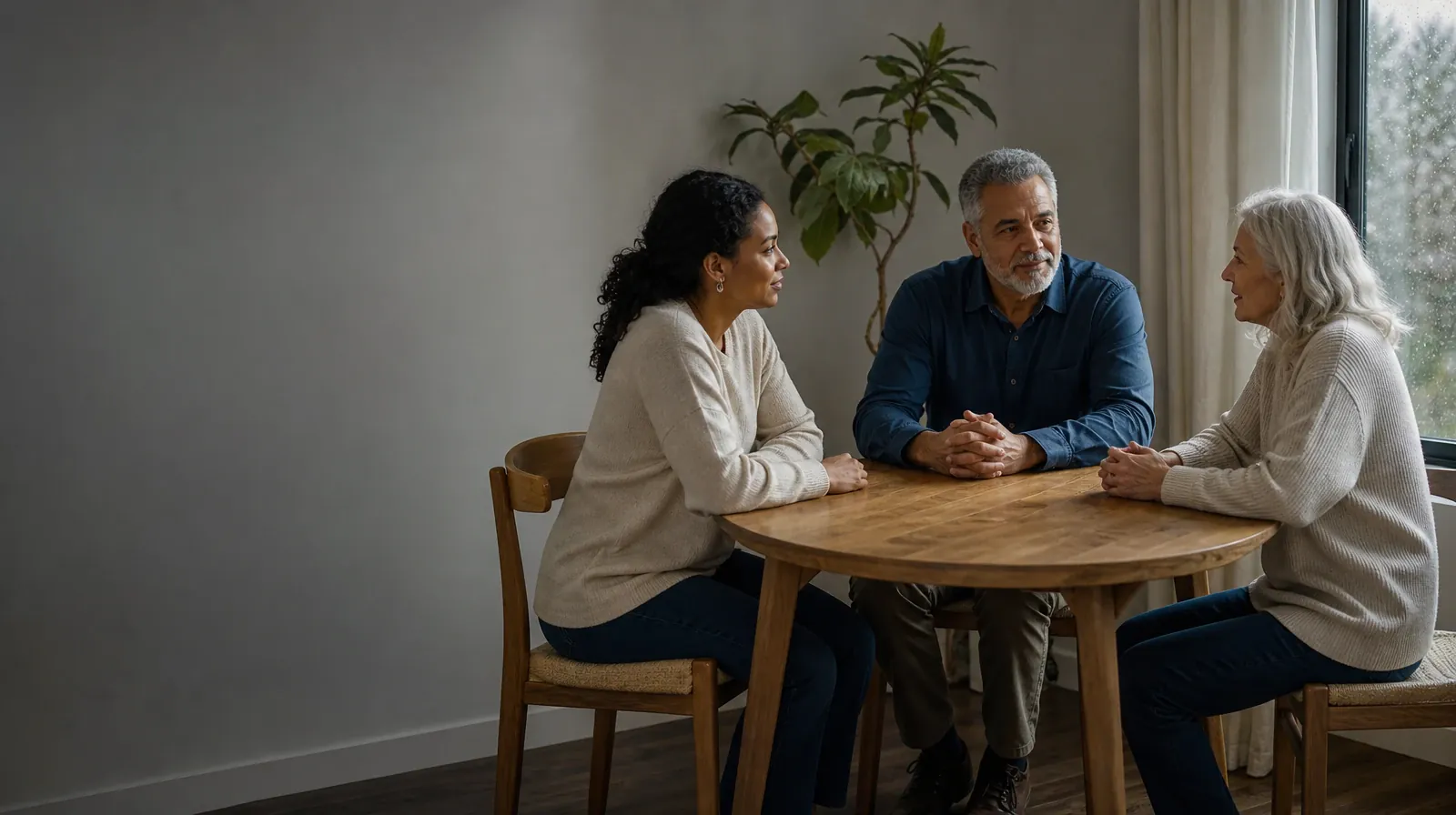 Two adults have a calm conversation at a round table · Changing Daily Routines Around Alcohol Use in South Florida
