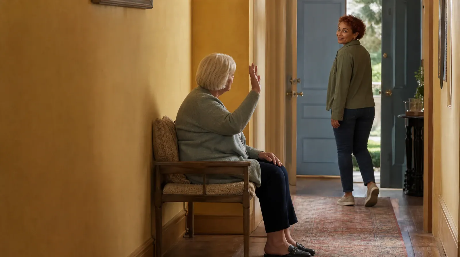 Making a Follow-Up Plan After Alcohol Use in South Florida | A seated adult gives a small wave as another adult turns back… A seated adult gives a small wave as another adult turns back… · Making a Follow-Up Plan After Alcohol Use in South Florida