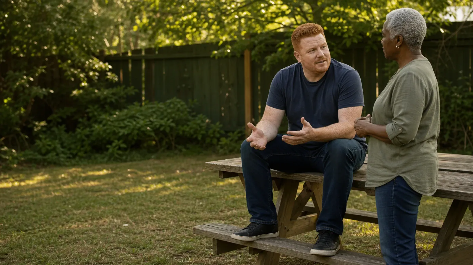 Medication Questions About Alcohol Use in South Florida | An adult sits on a low picnic tabletop while another adult stands… An adult sits on a low picnic tabletop while another adult stands… · Medication Questions About Alcohol Use in South Florida