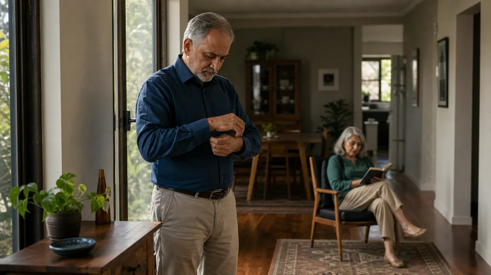 An adult buttons a shirt cuff near a window · Cravings and Support With Ambien Use in South Florida