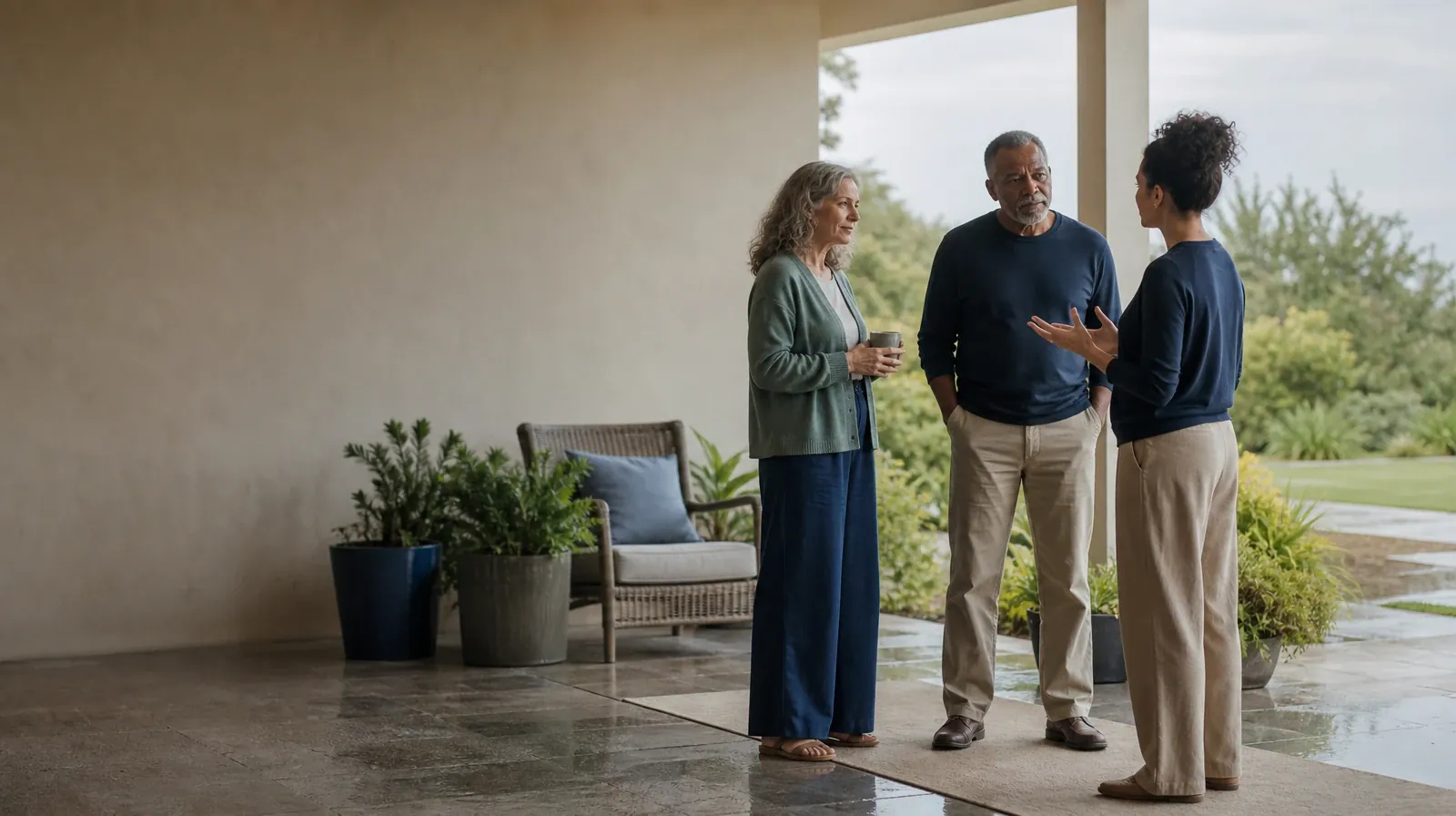 Three adults talk on a covered patio · Sleep Medication Review and Ambien Use in South Florida