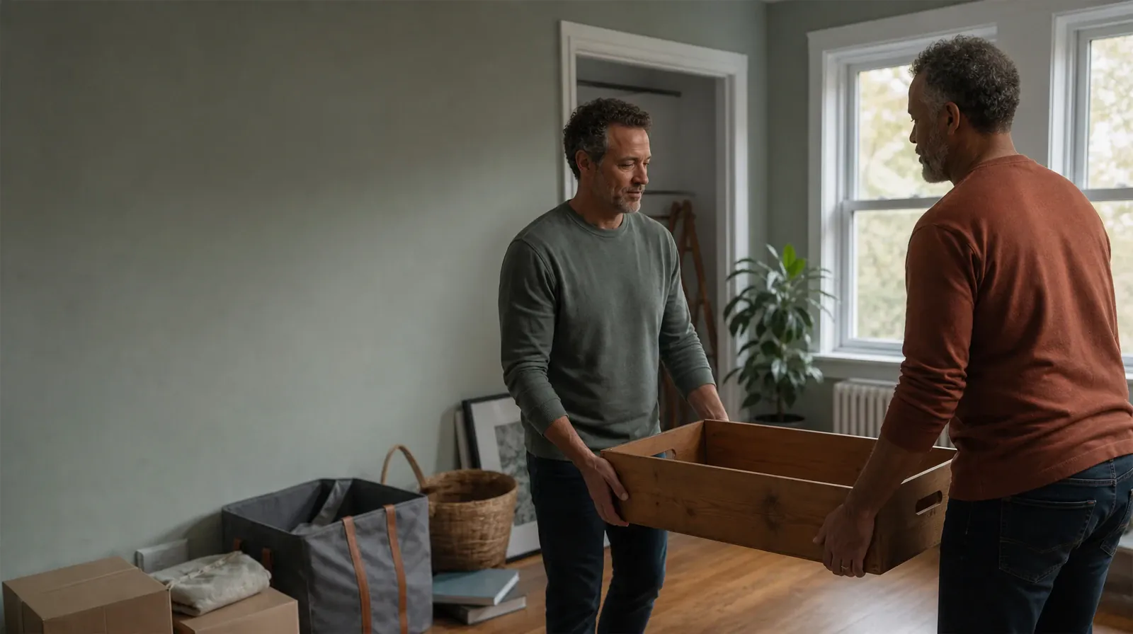 Two adults carry an empty wooden box together · Supporting an Adult Family Member With Ambien Use