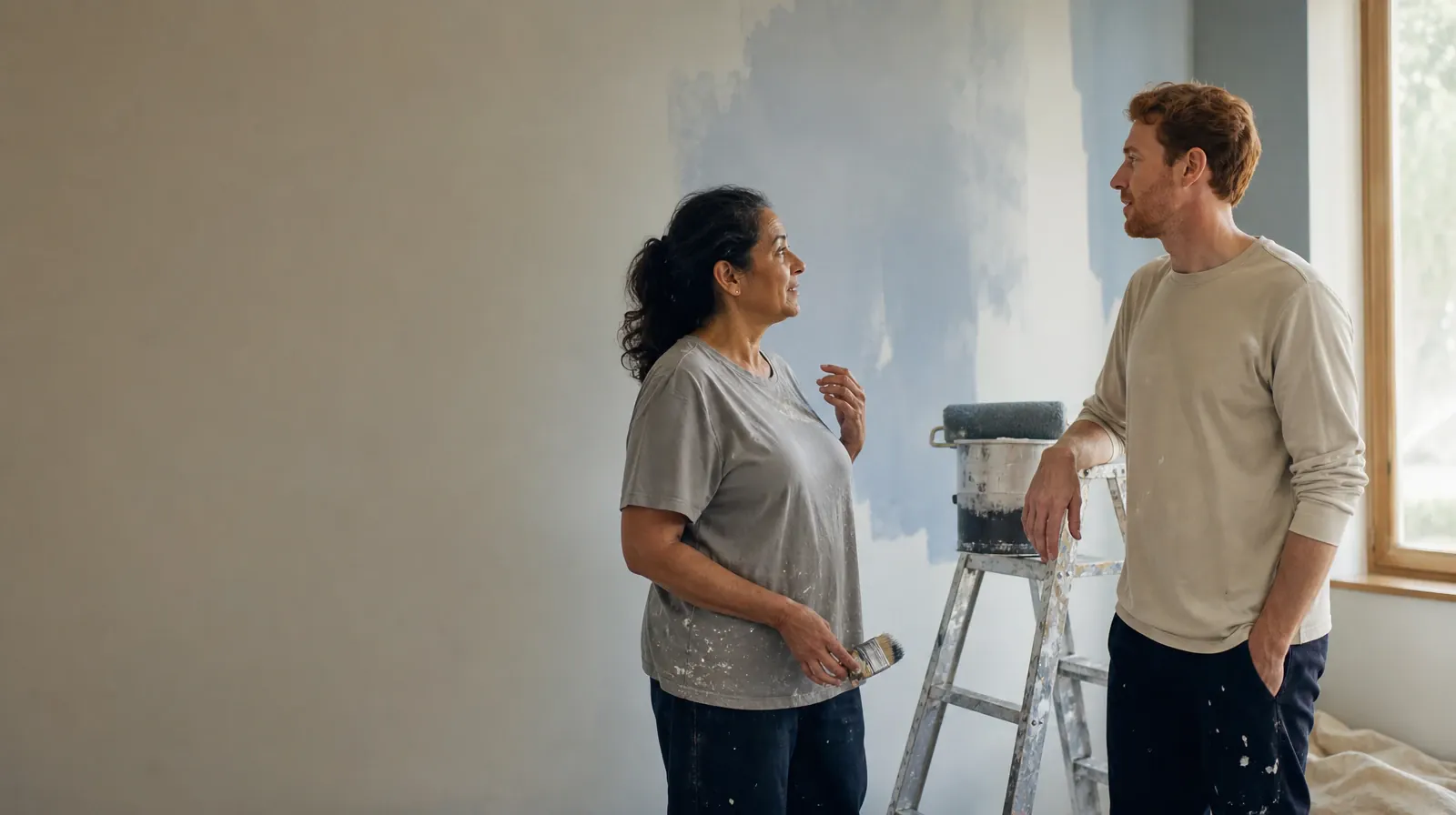 Two adults pause while painting a plain wall · When Other Substances Are Used With Ambien Use in South Florida