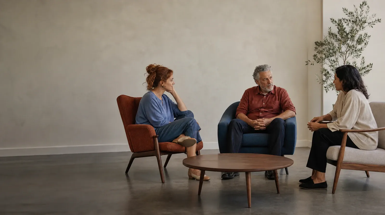 Preparing for Appointments About Ativan Use in South Florida | Three adults talk in mismatched chairs around an empty table Three adults talk in mismatched chairs around an empty table · Preparing for Appointments About Ativan Use in South Florida
