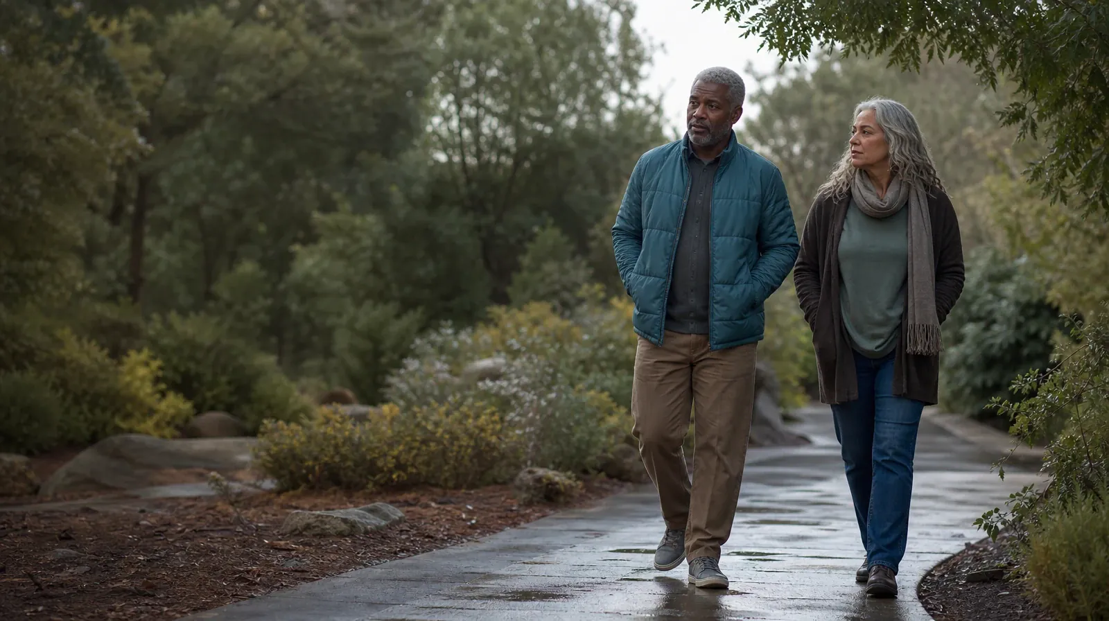 Two adults walk and talk on a quiet garden path · Previous Withdrawal Experience With Ativan Use in South Florida