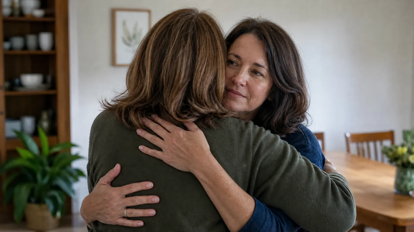Two adults share a brief face-to-face embrace in a plain home dining room · Ativan Addiction Treatment in Miramar, FL