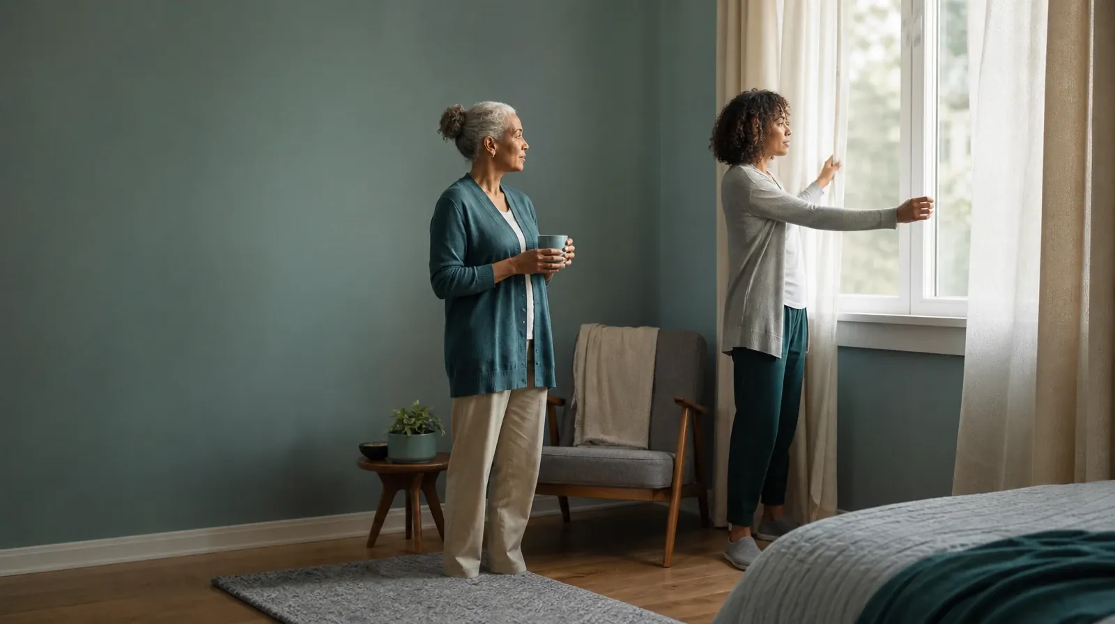 An adult opens curtains while another waits nearby · Counseling and Coping With Barbiturates Use in South Florida