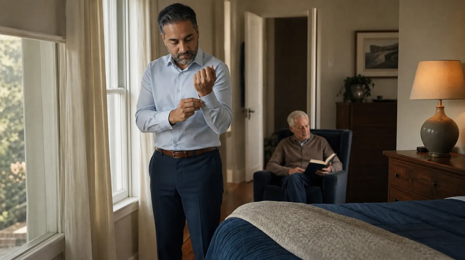 An adult buttons a shirt cuff near a window · Sleep and Recovery After Barbiturates Use in South Florida