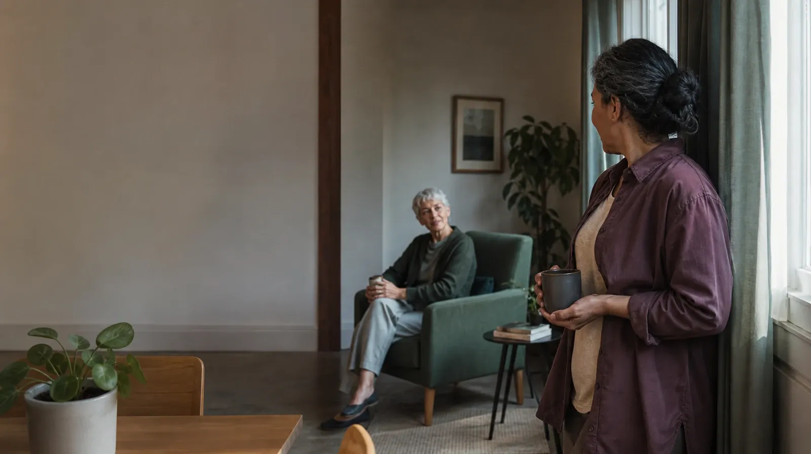 An adult turns from a window toward another adult · Talking With Your Prescriber About Barbiturates Use