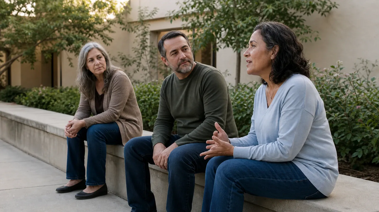 Three adults sit along a low courtyard wall as one speaks and the others… · Barbiturates Addiction Treatment in Miramar, FL