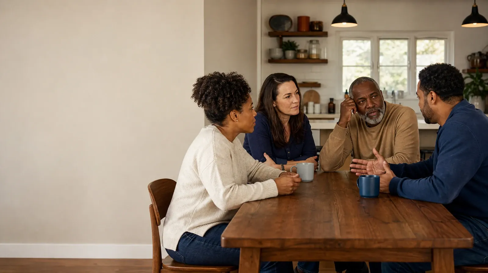 Four adults share an informal conversation at a kitchen table · Helping an Adult Sibling With Benzodiazepines Use