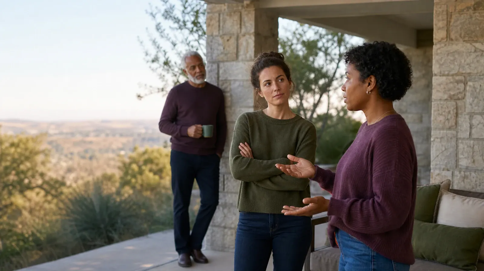 Three adults talk on a covered patio · Previous Withdrawal Experience With Benzodiazepines Use