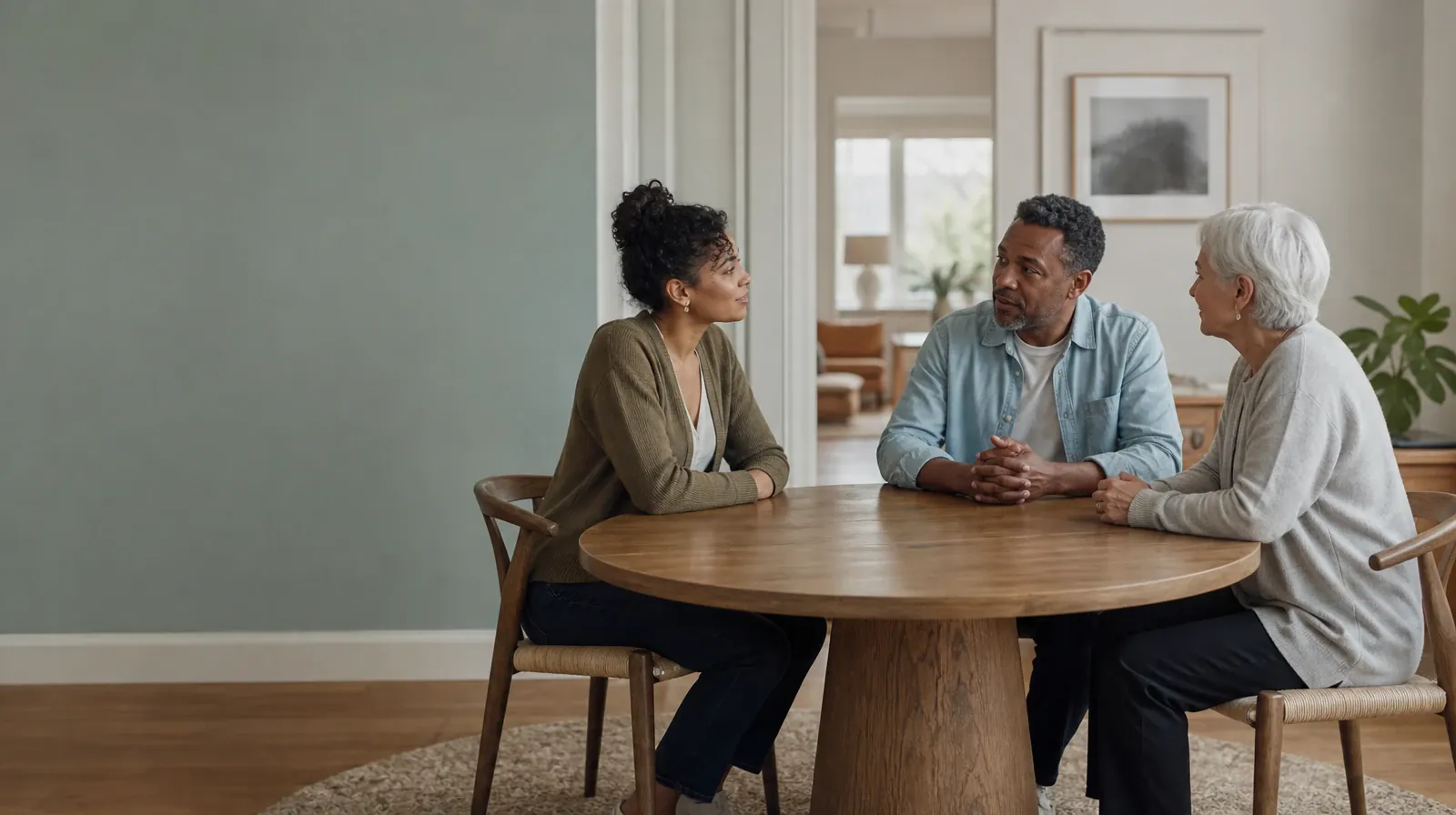 Two adults have a calm conversation at a round table · Sleep Medication Review and Benzodiazepines Use in South Florida