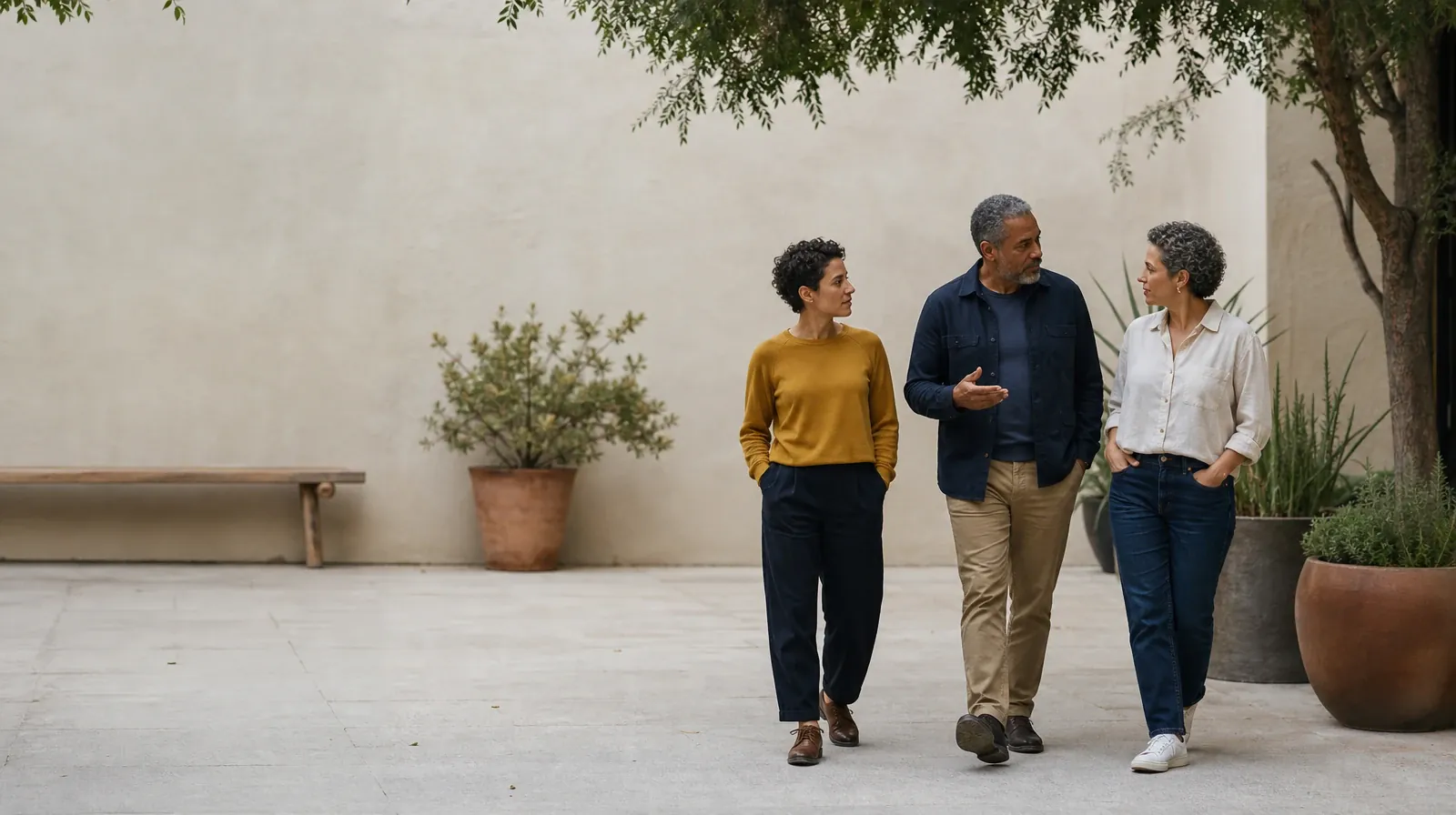 Three adults walk and talk through a courtyard · Supporting an Adult Family Member With Benzodiazepines Use