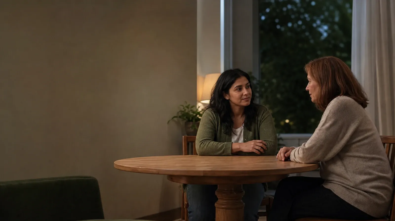 Two adults have a calm conversation at a round table · Treatment Consent and Privacy With Benzodiazepines Use