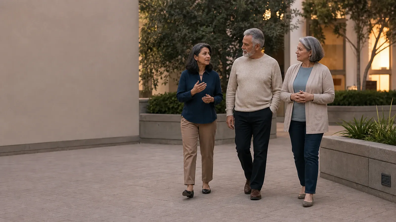 Understanding a Treatment Plan for Benzodiazepines Use | Three adults walk and talk through a courtyard Three adults walk and talk through a courtyard · Understanding a Treatment Plan for Benzodiazepines Use