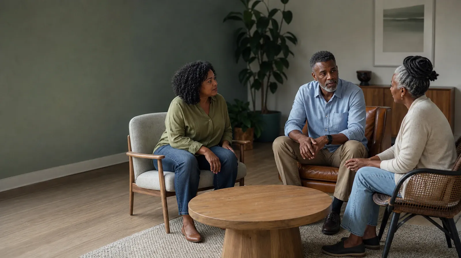 Behavioral Treatment Questions About Cocaine Use in South Florida | Three adults talk in mismatched chairs around an empty… Three adults talk in mismatched chairs around an empty… · Behavioral Treatment Questions About Cocaine Use in South Florida