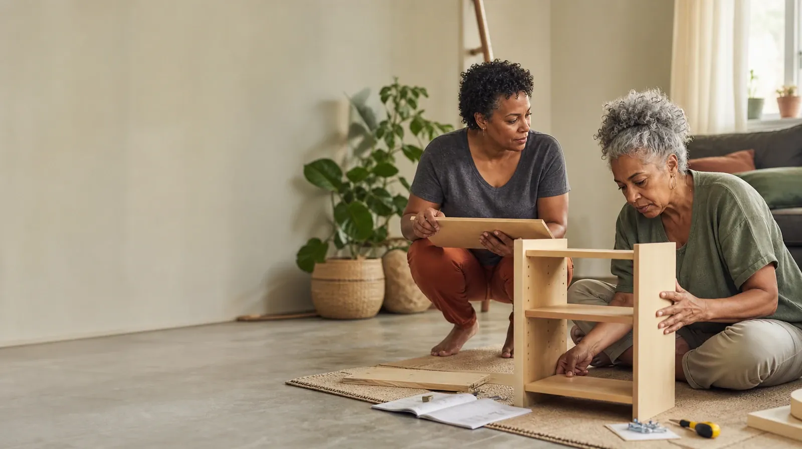 Two adults assemble a small shelf together · Making a Follow-Up Plan After Cocaine Use in South Florida
