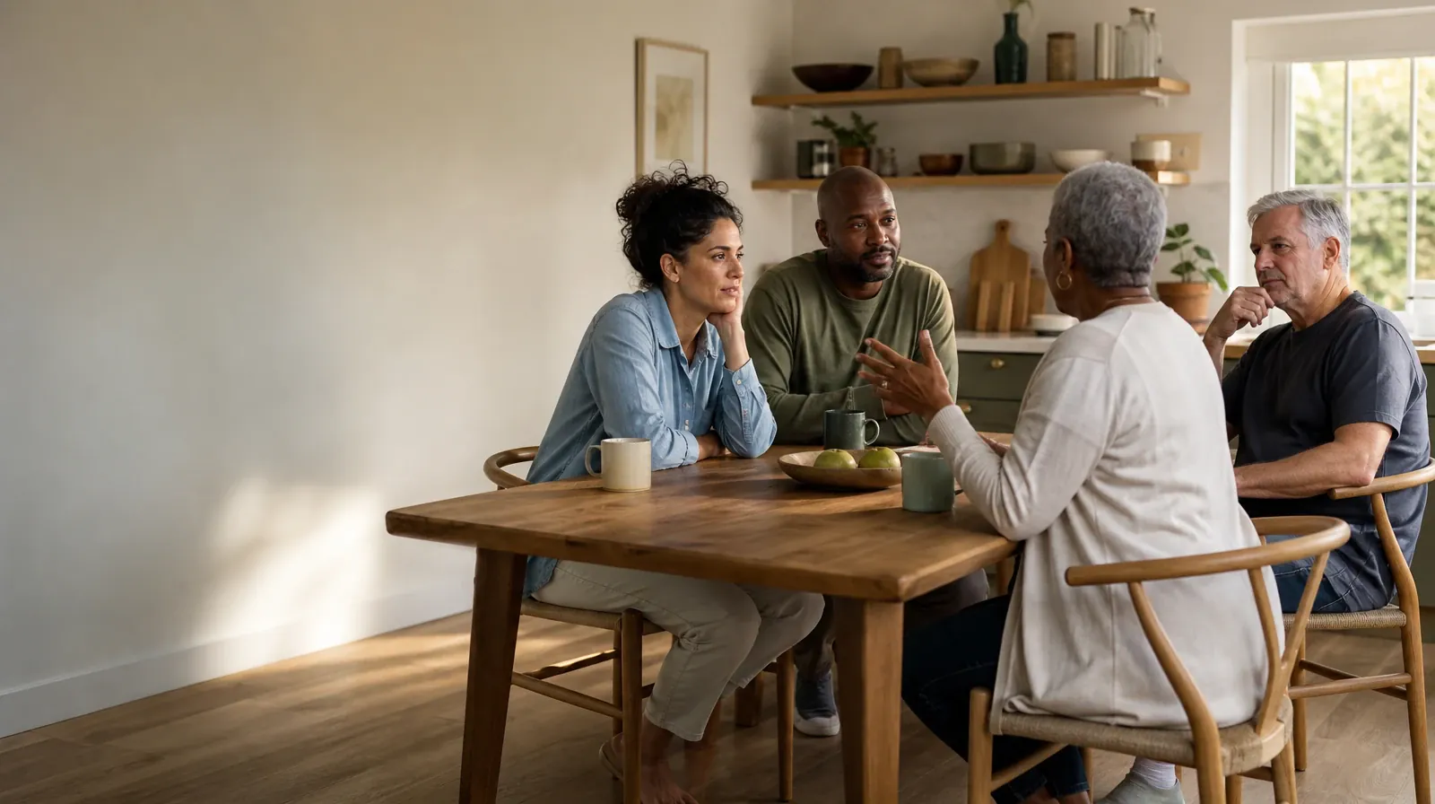 Four adults share an informal conversation at a kitchen table · Prescription History and Cocaine Use in South Florida