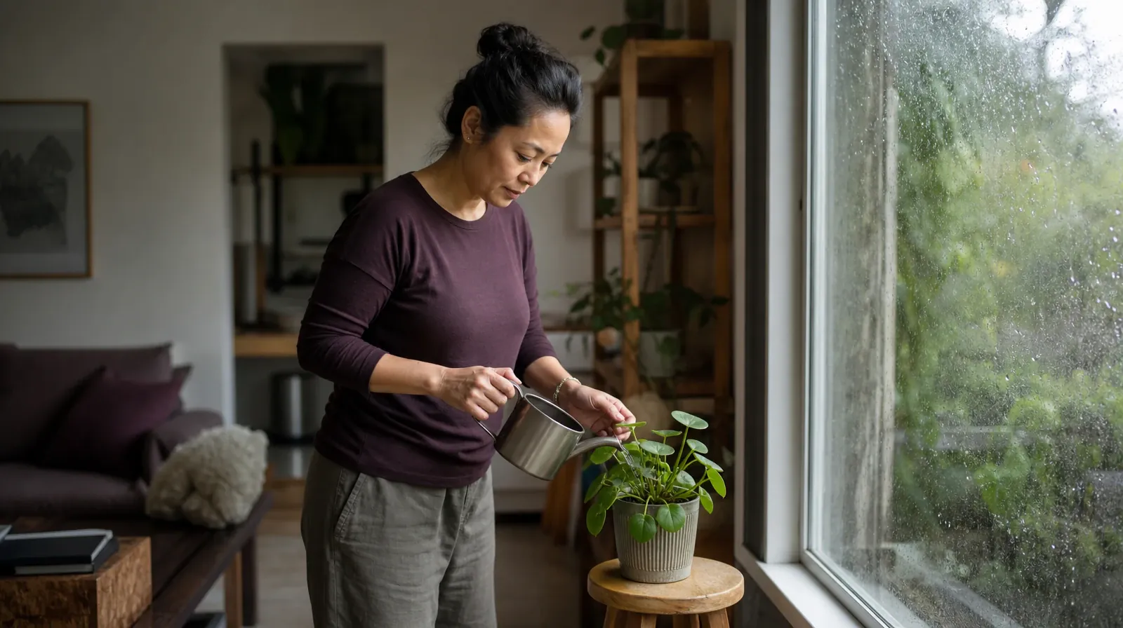 An adult waters a small houseplant by a window · Returning Home After Treatment for Cocaine Use in South Florida