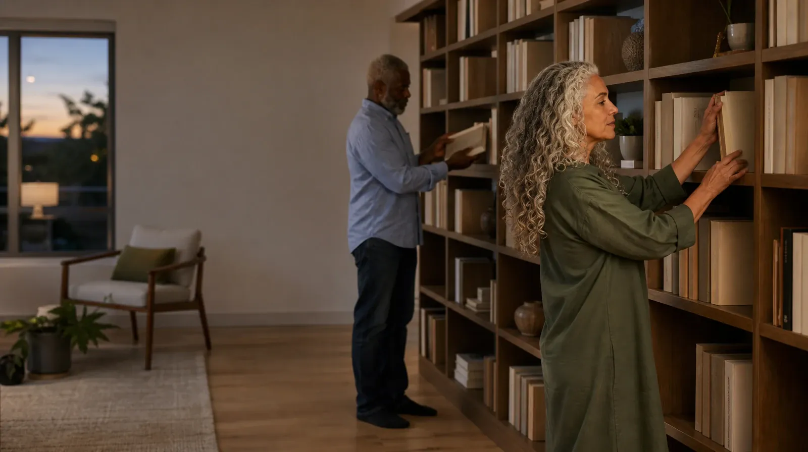Two adults sort plain books on a home bookcase · Supporting a Partner With Cocaine Use in South Florida