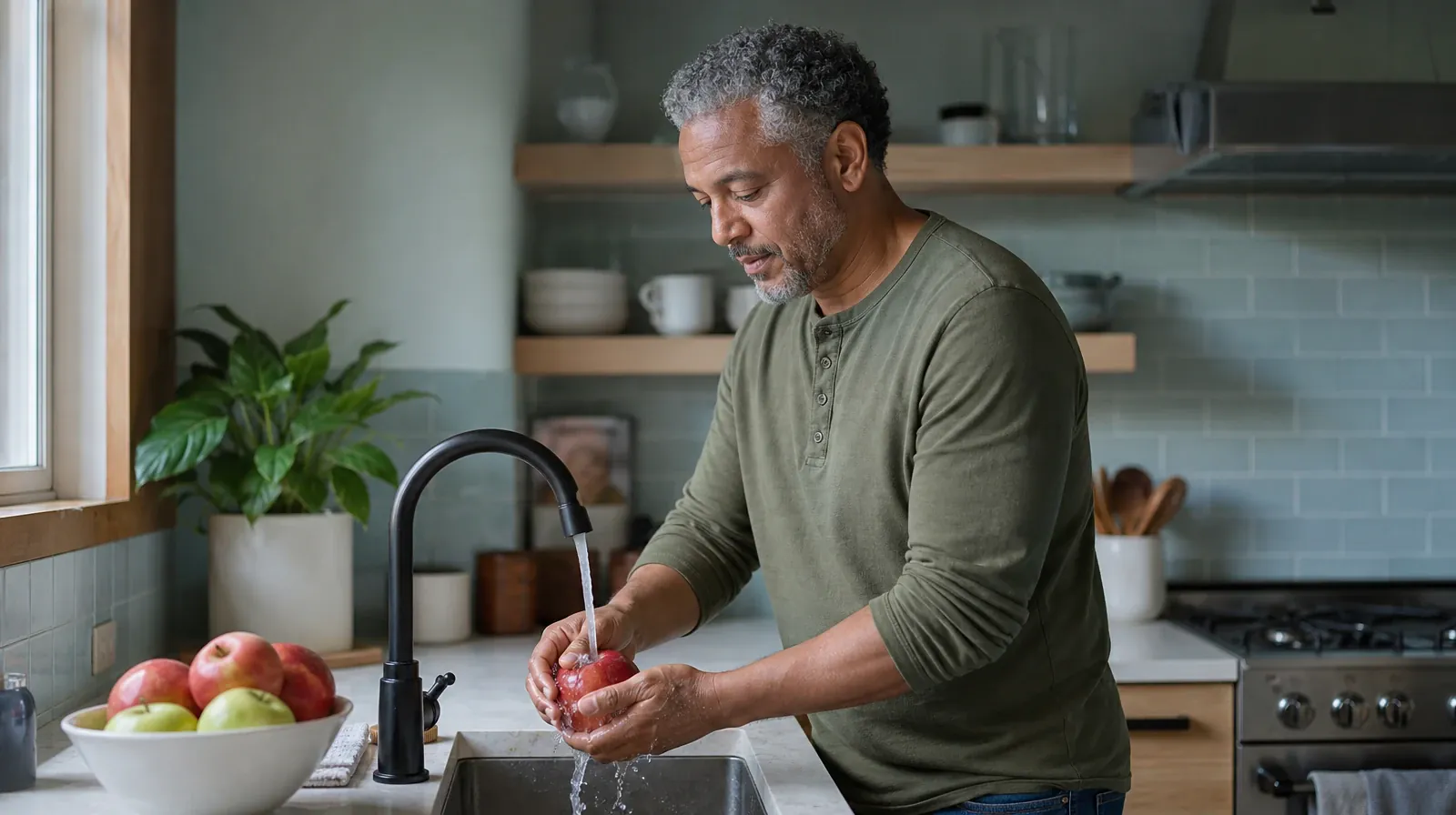 An adult rinses an apple at a kitchen sink · Talking With Your Prescriber About Cocaine Use in South Florida